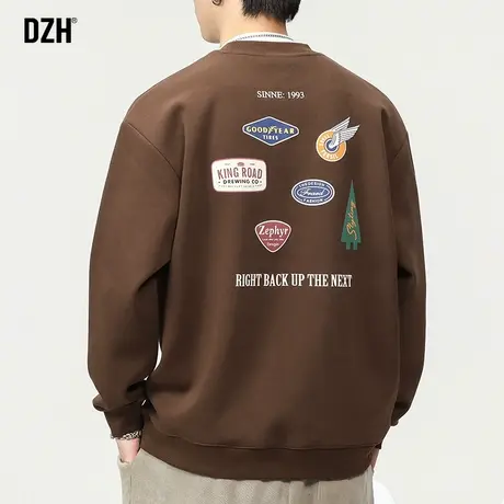 男士咖啡色美式重磅卫衣男圆领秋季潮牌宽松长袖上衣男款休闲外套商品大图