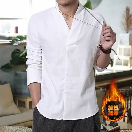 改良汉服男中国风秋季棉麻长袖加厚t恤男居士服中式加绒唐装茶服图片