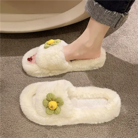 仙女风毛毛拖鞋女外穿2024秋冬新款毛茸茸空调房居家懒人一字棉拖商品大图