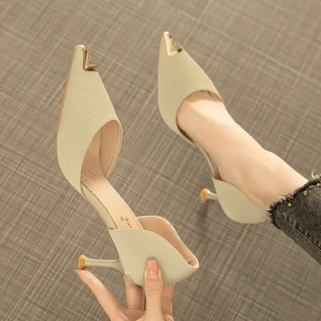 法式高跟鞋女春2023年新款舒适百搭职业通勤细跟性感包头中空凉鞋商品大图