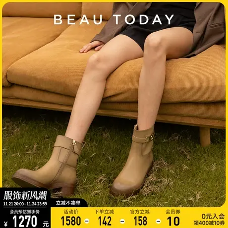 BeauToday厚底骑士靴女粗腿复古粗跟西部靴女真皮中筒靴女春秋款图片