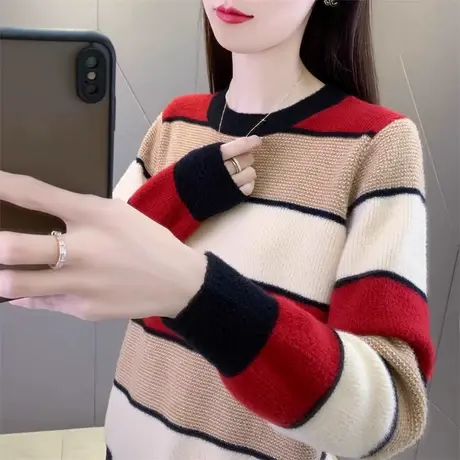 条纹毛衣女秋冬2023新款女装上衣宽松外穿内搭加厚圆领针织打底衫图片