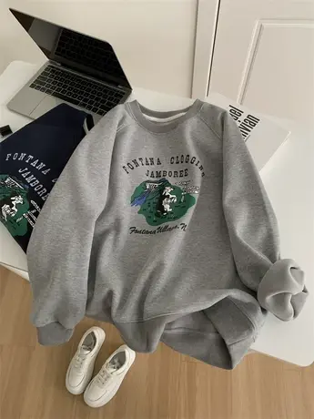 卡通复古加绒圆领卫衣女秋冬宽松休闲百搭加厚保暖插件袖套头上衣商品大图