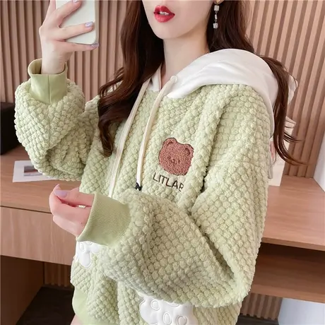 羊羔毛外套女秋冬季韩版宽松加绒加厚保暖小个子可爱小熊撞色卫衣商品大图