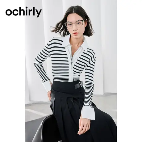 【品牌甄选】欧时力 V翻领条纹针织衫女2023新款秋修身学院风复古图片