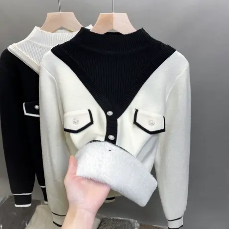 一体绒半高领毛衣女加绒加厚打底衫2023秋冬新款针织衫内搭上衣潮商品大图