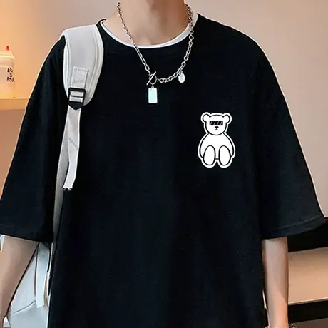 oversize发泡小熊短袖T恤男夏季卡通印花纯棉宽松半袖潮牌打底衫商品大图