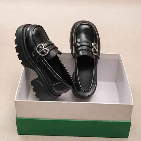 黑色厚底小皮鞋女2024年春季新款高跟鞋单鞋复古英伦风粗跟乐福鞋图片