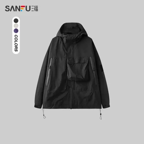三福2024春季新款夹克男纯色户外大口袋情侣潮流宽松连帽外套商品大图