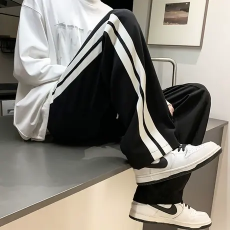 春夏季薄款条纹直筒休闲裤男2023新款潮流撞色拼接抽绳系带长裤子图片