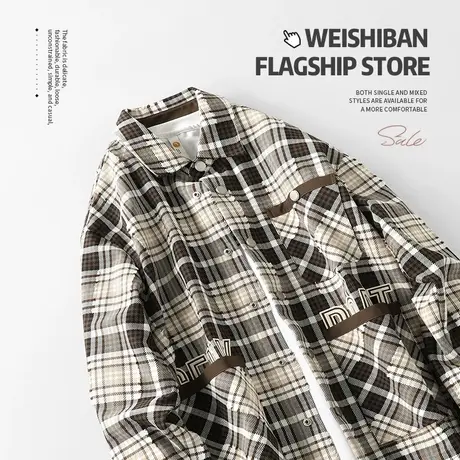 潮牌格子拼接长袖衬衫男夹克高级感宽松街头翻领休闲帅气衬衣外套商品大图