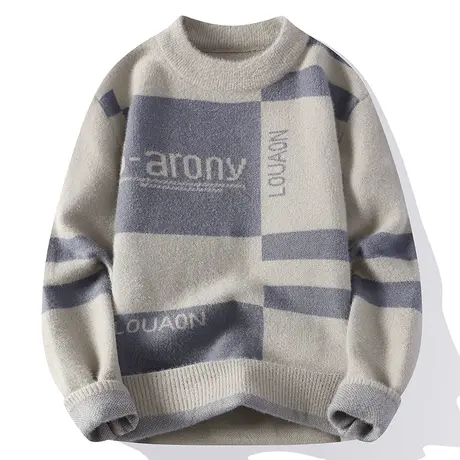 秋冬季水貂绒圆领毛衣男一体绒潮流加厚保暖青少年学生打底针织衫商品大图