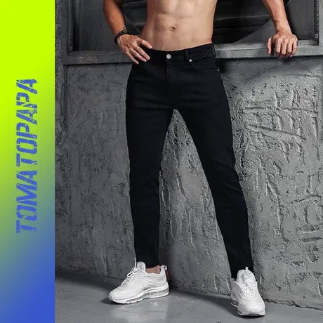 TOMATOPAPA欧美秋季原创弹力水洗黑色牛仔裤男修身长裤青年休闲裤商品大图