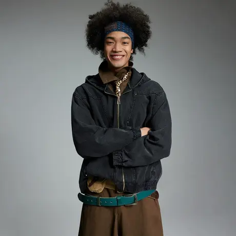 复古潮牌设计感连帽牛仔外套男士春秋短款百搭新款宽松情侣装夹克商品大图