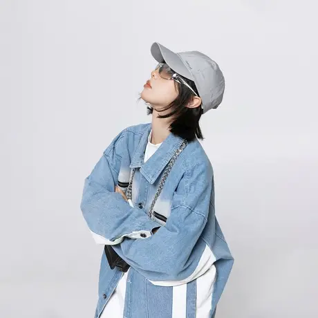 潮牌水洗拼接牛仔外套女春秋季2024新款复古百搭宽松情侣夹克上衣商品大图