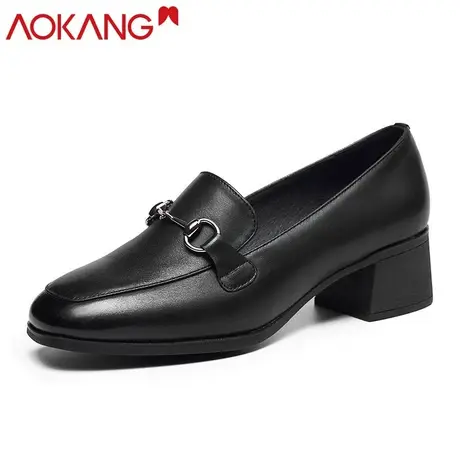 奥康英伦小皮鞋春季新款方头中跟复古高跟单鞋女粗跟一脚蹬乐福鞋商品大图