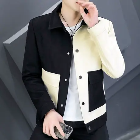 潮牌高级感拼接撞色小香风外套男士春季韩版休闲翻领工装痞帅夹克商品大图