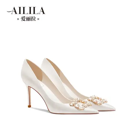 爱丽拉绸缎水晶结婚鞋女2023新款新娘主婚纱白色高跟鞋小众高级感商品大图