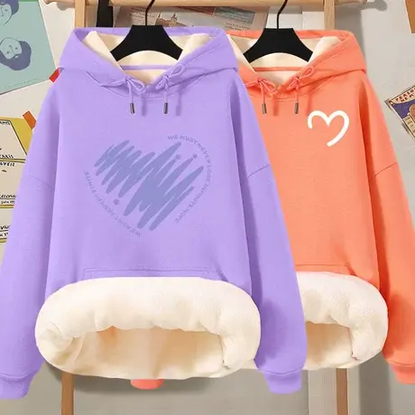 冬季加绒卫衣女2023新款百搭带帽上衣秋冬款加厚oversize休闲外套商品大图