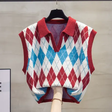 短款polo领针织马甲背心女2023春秋新款宽松外穿马夹菱形毛衣坎肩商品大图