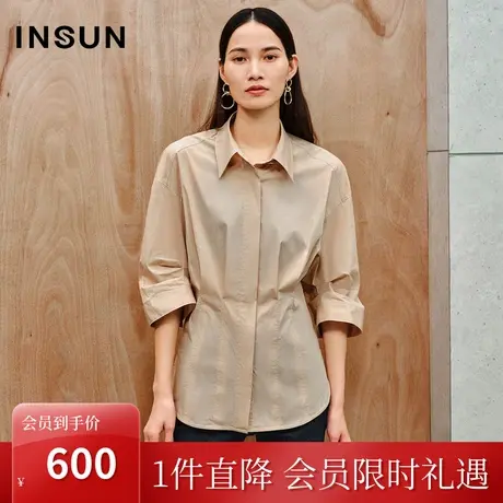 恩裳2023秋季新款时尚打褶收腰设计廓形五分袖棉质衬衫女图片