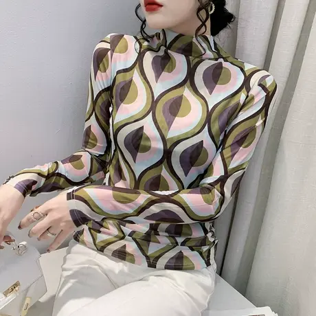 半高领打底衫女春秋2023新款漂亮印花气质上衣洋气网纱长袖T恤ins商品大图