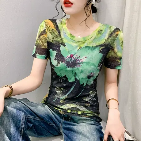 复古印花T恤女短袖2023夏装新款漂亮减龄小衫性感网纱修身上衣ins商品大图