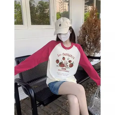 2023秋冬新款纯棉印花字母圆领长袖t恤女百搭小众bm风韩版上衣女图片