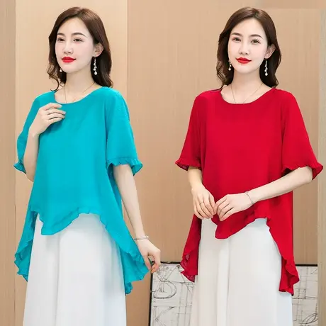 棉麻短袖女中长款夏季新款气质圆领前短后长不规则短袖T恤上衣薄图片