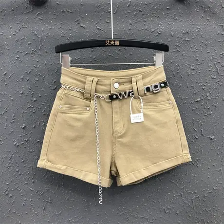 2023夏季新款时尚百搭a字阔腿裤女卡其色港味卷边高腰牛仔短裤潮商品大图