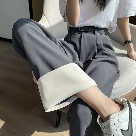 灰色翻边西装裤女2023年春秋新款高腰垂感宽松显瘦小个子直筒裤潮图片