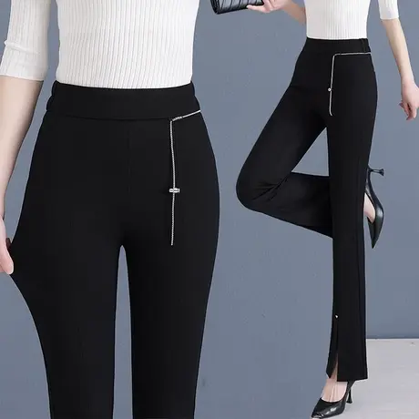 时尚微喇裤女通勤西装裤2023春季新款黑色开叉高腰显瘦微喇叭裤子商品大图