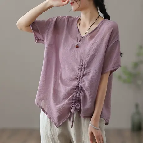 dza 复古薄款宽松V领短袖t恤女士夏季不规则上衣短款打底百搭体恤商品大图