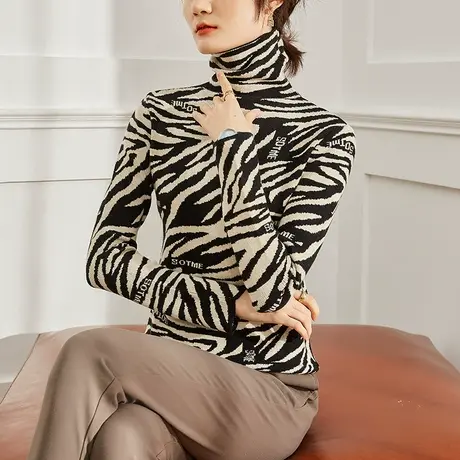 豹纹高领加厚保暖针织衫女秋冬装堆堆领洋气针织毛衣修身内搭上衣图片