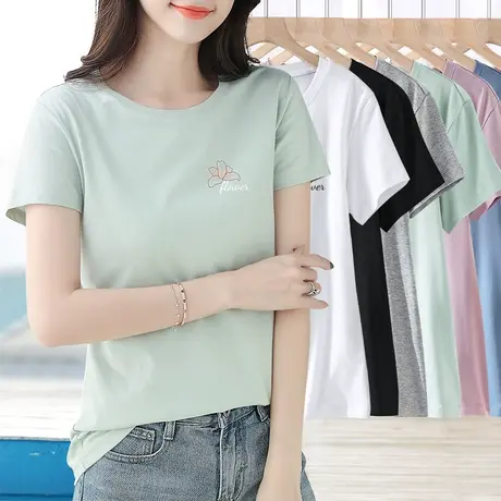 夏装女短袖时尚气质洋气2023年夏季纯棉上衣修身显瘦百搭印花t恤商品大图