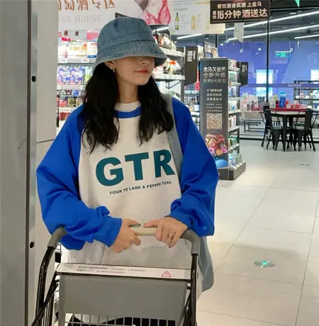 红续春秋装新款盐系少女慵懒风撞色圆领字母百搭宽松薄款套头卫衣商品大图