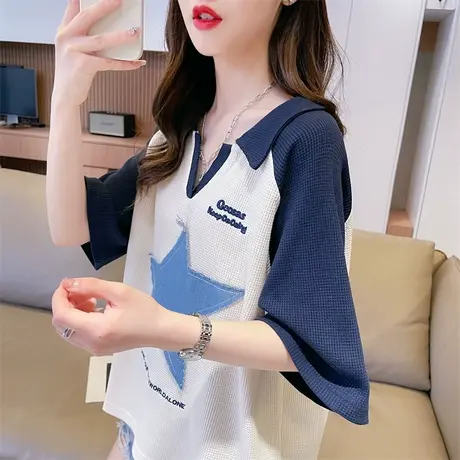 小众设计感短袖t恤女夏季2023新款韩版宽松拼色polo领小个子上衣图片