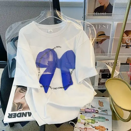 纯棉蝴蝶结设计感小众短袖t恤女夏季ins潮牌宽松oversize半袖上衣图片
