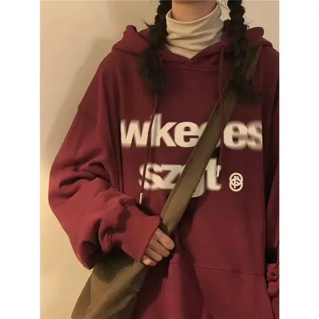 小众设计感酒红色字母卫衣女秋冬加绒加厚连帽宽松美式复古外套潮商品大图