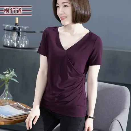 2023夏季新款女装V领褶皱收腰短袖上衣修身纯色打底衫半袖夏装t恤图片