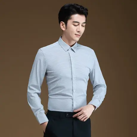 灰色格子衬衫男长袖秋季薄款商务休闲韩版修身男装衬衣微弹免烫商品大图