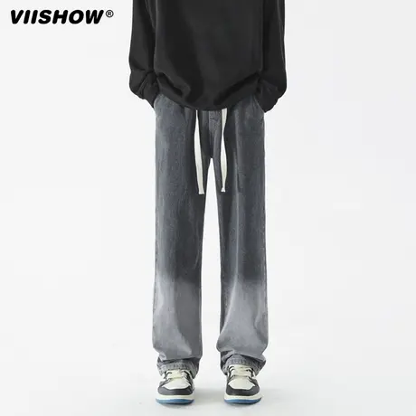 VIISHOW欧美春秋做旧渐变直筒牛仔裤男潮牌宽松阔腿抽绳休闲长裤商品大图