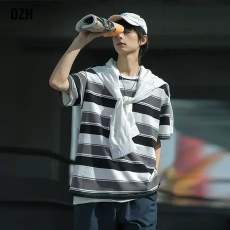 男生日系条纹短袖t恤男夏季潮牌宽松半袖上衣2023新款半截袖衣服商品大图