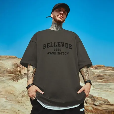 美式复古字母涂鸦短袖男hiphop潮流街头300g重磅纯棉T恤大码男装商品大图