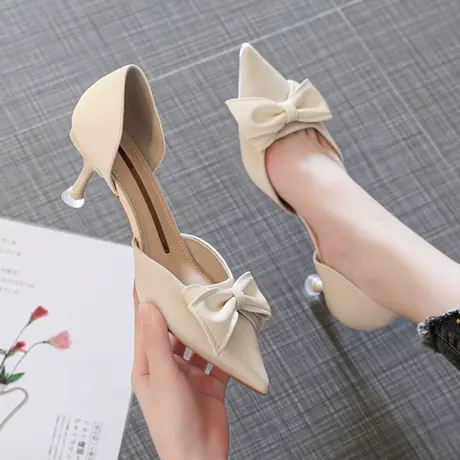 中空细跟女高跟鞋2023春季新款百搭气质蝴蝶结尖头浅口仙女风单鞋图片