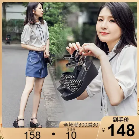 2023夏季新款原创优雅镂空厚底羊皮凉鞋女坡跟高跟休闲女鞋皮鞋图片