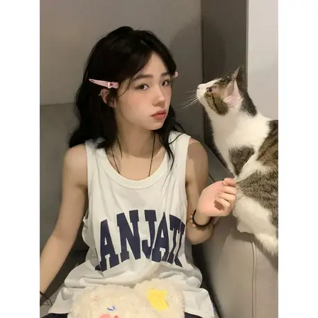 纯棉吊带运动坎肩背心无袖t恤女夏季设计感小众外穿宽松挂脖上衣商品大图