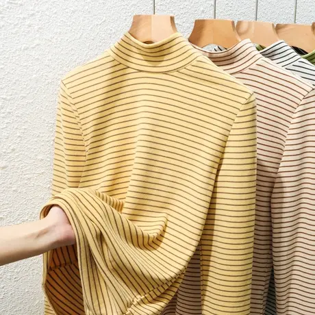 条纹柠檬黄德绒保暖内衣女加厚大码上衣双面磨毛休闲长袖打底T恤商品大图