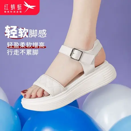 红蜻蜓女凉鞋一字扣鞋子简约平底厚底圆头妈妈鞋软底增高奶奶鞋子商品大图