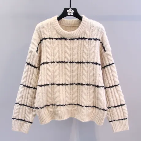 复古条纹麻花毛衣女秋冬2023新款宽松慵懒风加厚套头打底针织上衣图片